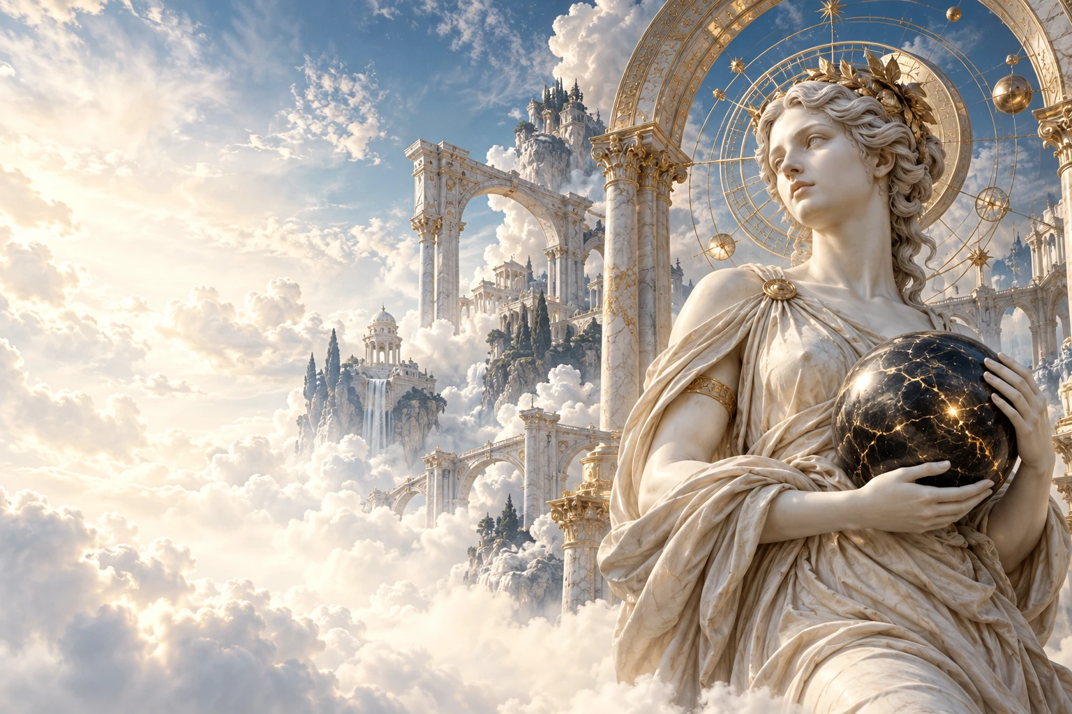 Marble sculpture holding a dark celestial sphere with golden orbital rings